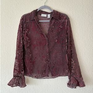Velvet Burnout Shirt Blouse Sz 8 Burgundy Button Up Sheer Long Trumpet Sleeve